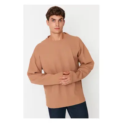 Trendyol Camel Oversize/Wide Cut Stitch Detail Textured T-Shirt