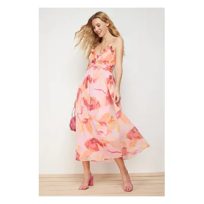 Trendyol Pink Floral Print A-Cut Ruffle Detailed Lined Chiffon Maxi Woven Dress