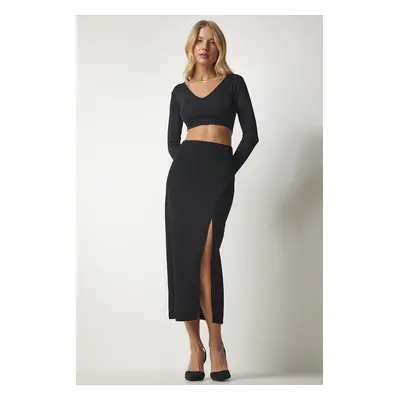 Happiness İstanbul Women's Black Slit Woven Midi Skirt