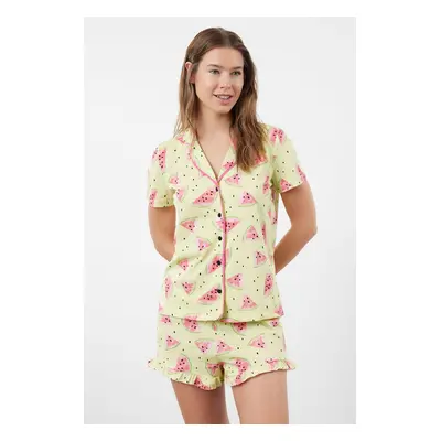 Trendyol Green 100% Cotton Watermelon Patterned Ruffle Shirt-Shorts Knitted Pajama Set