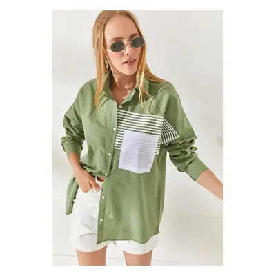 Olalook Mildew Green Pocket Detailed Oversize Woven Shirt