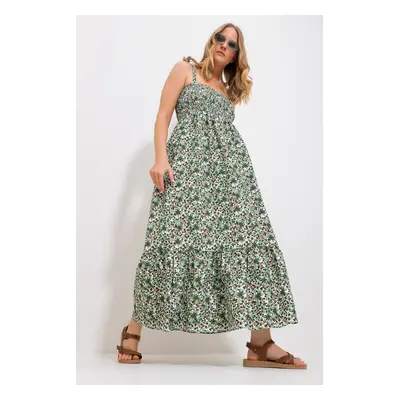 Trend Alaçatı Stili Women's Almond Green Strap Skirt Flounce Floral Patterned Gimped Woven Dress