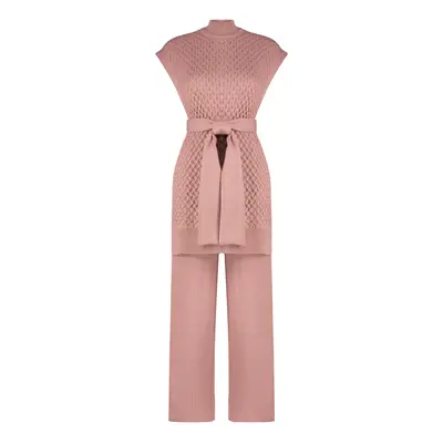 Trendyol Dusty Rose Belted Brass Knitted Sweater-Pants Knitwear Bottom-Top Set