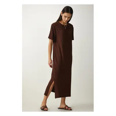 Happiness İstanbul Women's Brown Crew Neck Knitted Ribbed Dress