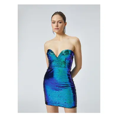 Koton Sequined Mini Strapless Dress Sweetheart Neck Slim Fit