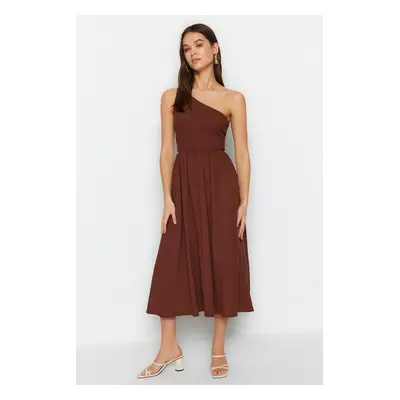 Trendyol Brown Waist Opening Top Size One Shoulder Midi Woven Dress with Gipel