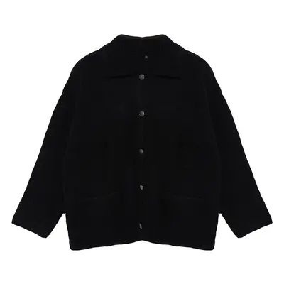 Trendyol Curve Black Polo Collar Boucle Knit Cardigan