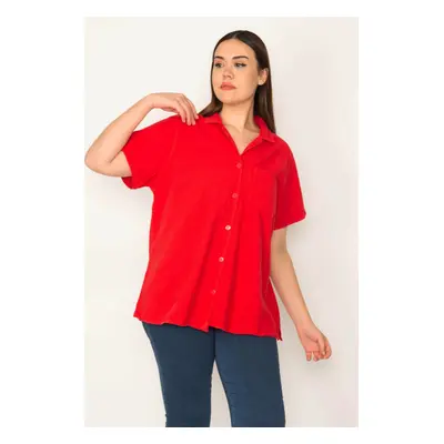 Şans Women's Plus Size Red Tops Collar Short Sleeve Shirt with Buttons