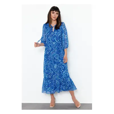 Trendyol Navy Patterned Straight Cut Maxi Lined Chiffon Woven Dress