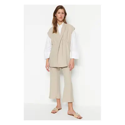 Trendyol Cream Inner Tie Linen Look Kimono-Pants Woven Set