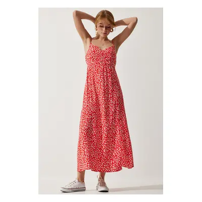 Happiness İstanbul Women's Red Strap Patterned Viscose Dress