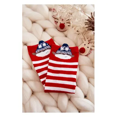 Youth striped socks with a bear red with white