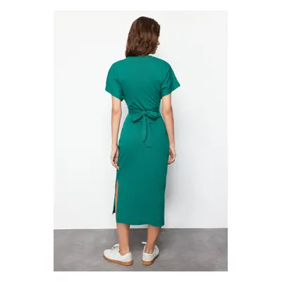 Trendyol Emerald Green 100% Cotton Waist Slit and Tie Detailed Midi Knitted Pencil Dress