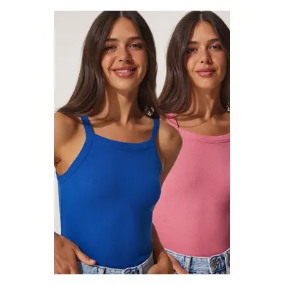 Happiness İstanbul Women's Blue Pink 2-pack Ribbed Crop Halterneck Knitted Singlets