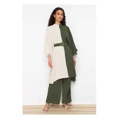 Trendyol Khaki Color Block Waist Belted Tunic-Pants Woven Suit