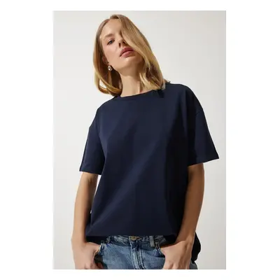 Happiness İstanbul Women's Navy Blue Loose Basic Cotton T-Shirt