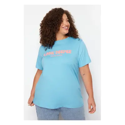 Trendyol Curve Blue Slogan Printed Boyfriend Knitted T-shirt