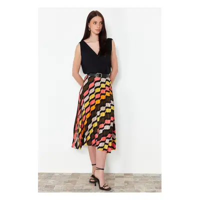 Trendyol Multicolored Patterned Satin Fabric Pleat Detailed Midi Length Woven Skirt