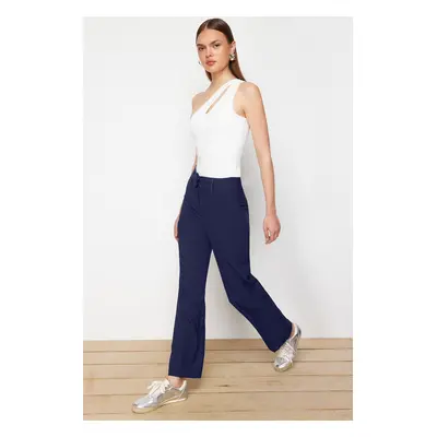 Trendyol Navy Blue Ribbed High Waist Straight Cut Woven Trousers