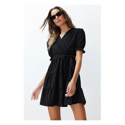 Trendyol Black Ethnic Patterned Waist Open Mini Woven Dress