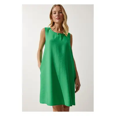 Happiness İstanbul Women's Dark Green Sleeveless Linen Viscose A-Line Dress