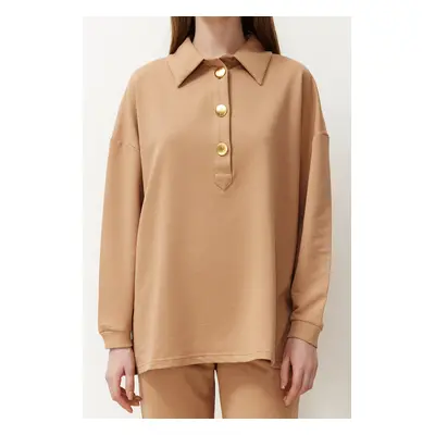 Trendyol Beige Oversize Polo Neck Gold Button Detailed Knitted Bottom-Top Set