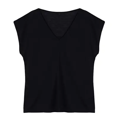 Trendyol Black V-Neck Relaxed/Comfortable Cut Knitted T-Shirt