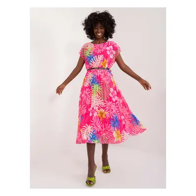 Navy pink pleated dress with print