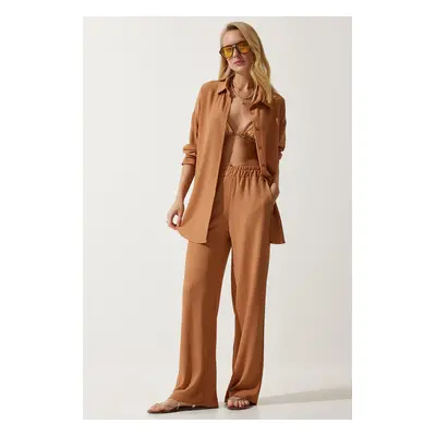 Happiness İstanbul Women's Biscuit Casual Knitted Shirt Pants Suit