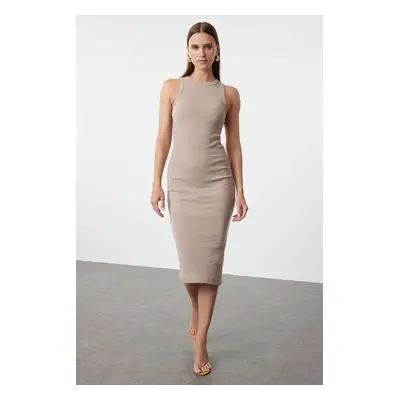 Trendyol Mink Halter Neck Fitted Ribbed Flexible Midi Knitted Dress