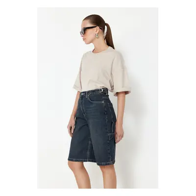 Trendyol Dark Blue Waist Detailed High Waist Denim Shorts