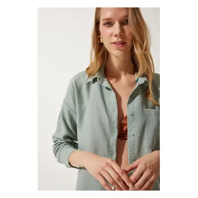 Happiness İstanbul Women's Almond Green Oversize Linen Ayrobin Shirt