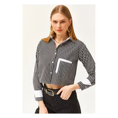 Olalook Women's Black and White Pocket and Cuff Detail Striped Crop Shirt