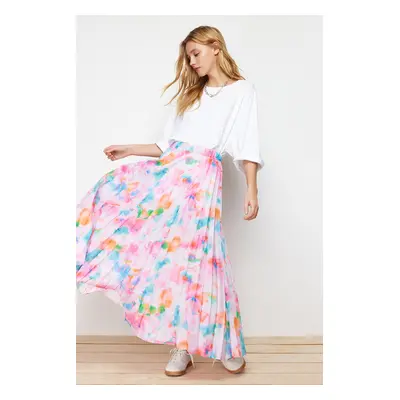 Trendyol Lilac Floral Pattern Pleated, Elastic Waist Woven Skirt