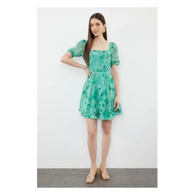 Trendyol Green Patterned Waist Opening Mini Lined Chiffon Woven Dress