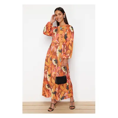 Trendyol Orange Flower Patterned Woven Linen Look Dress