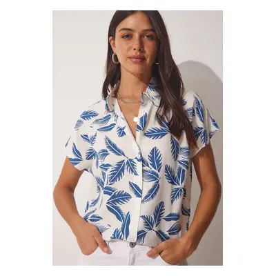 Happiness İstanbul Women's Blue White Patterned Viscose Shirt