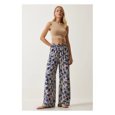 Happiness İstanbul Women's Cream Blue Patterned Flowy Viscose Palazzo Trousers