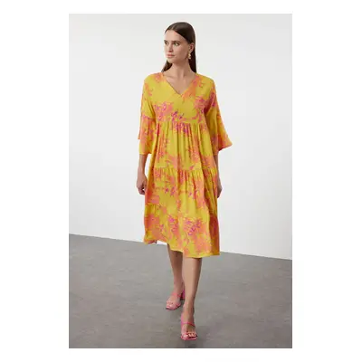 Trendyol Yellow Floral Patterned Wide Cut V-Neck Woven Dress