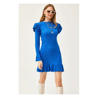 Olalook Women's Saxe Blue Ruffle Detail Raised Ribbed Dress