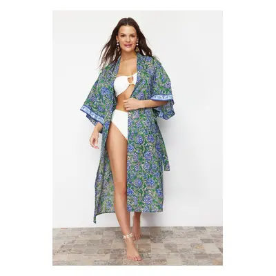 Trendyol Floral Patterned Belted Maxi Woven Ribbon Accessory Kimono & Kaftan