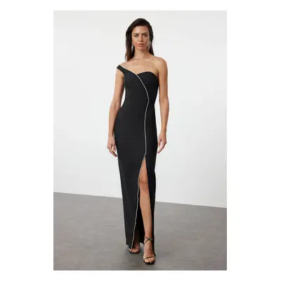 Trendyol Black Body-Fitting Stone Accessory Single Sleeve Long Woven Elegant Evening Dress