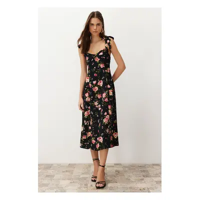 Trendyol Black Floral A-Line Viscose Midi Woven Dress