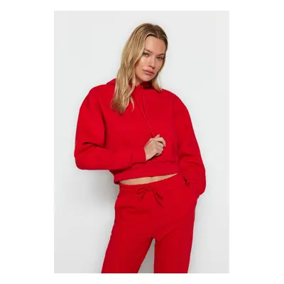 Trendyol Red Thick Fleece Hooded Relaxed Cut Crop Basic Knitted Sweatshirt