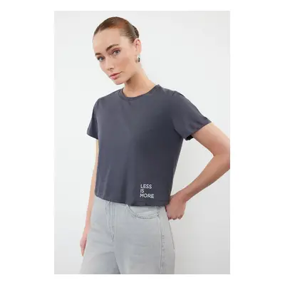 Trendyol Anthracite 100% Cotton Slogan Printed Crop Crew Neck Knitted T-Shirt