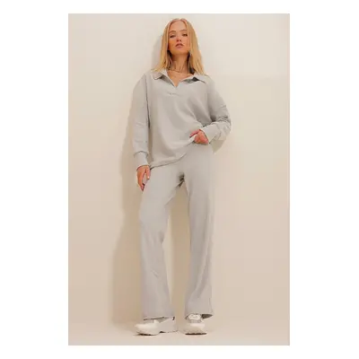 Trend Alaçatı Stili Women's Gray Polo Neck Top and Palazzon Trousers Knitwear Top and Bottom Set