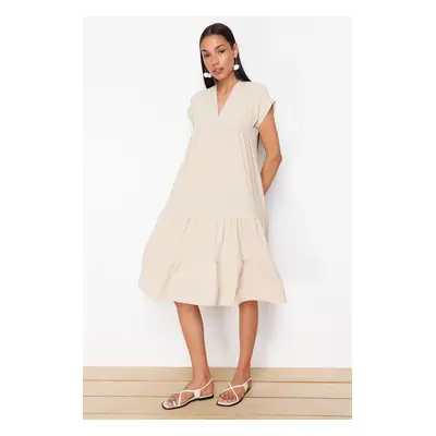 Trendyol Stone Plain Wide Cut V-Neck Skirt Flounced Aerobin Woven Dres