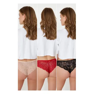 Trendyol Red-Multicolored 3-Pack Cotton Lace Detailed Brazilian Knitted Panties