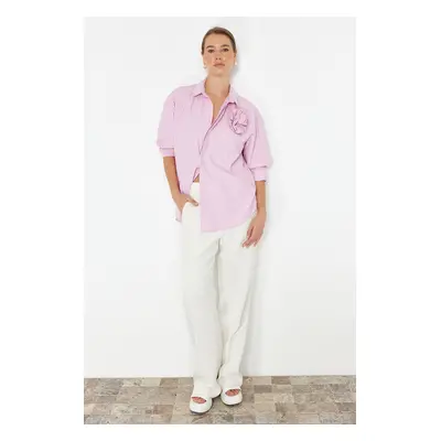 Trendyol Limited Edition Pink Oversize Striped Rose Detailed Woven Shirt