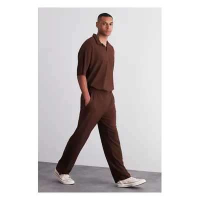 Trendyol Limited Edition Brown / Wide Leg Textured Wrinkle-Free Hidden Drawstring Sweatpants